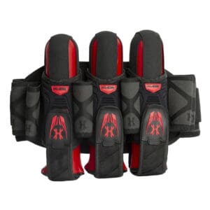 Durable paintball pod pack with six pods, ideal for competitive paintball games, featuring adjustable straps for a secure fit and quick reloads.