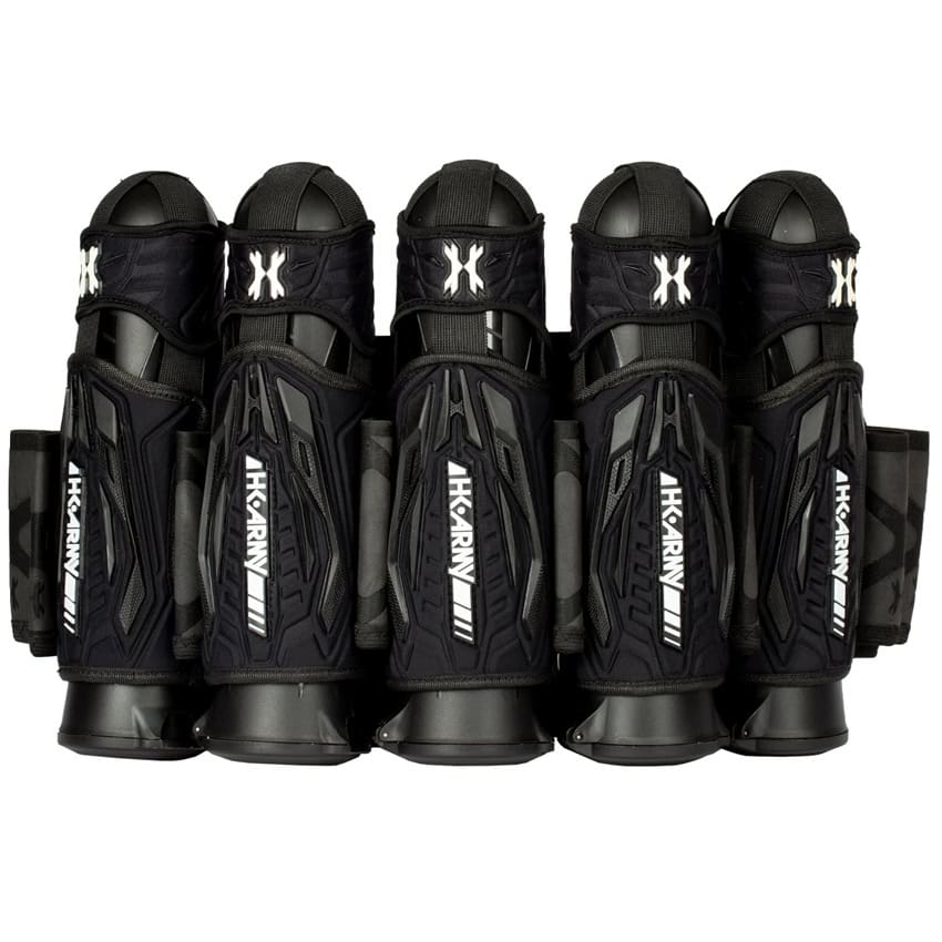 Black HK Army paintball pod pack with multiple pods, designed for high-performance paintball gameplay, offering durability and convenience for players.