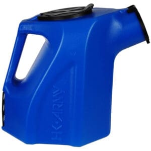 Blue plastic paintball hopper for safe paintball gameplay, designed for durability and easy refilling.