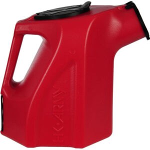 Red plastic paintball hopper container for easy feeding and storage of paintballs, durable and lightweight, ideal for paintball accessories and game gear.