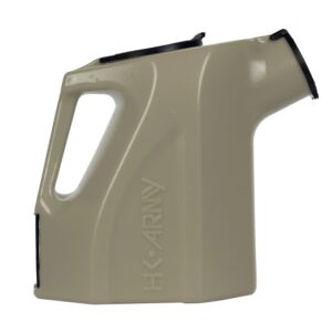 H&K Army paintball gun loader hopper, durable beige plastic, high-capacity paintball magazine, ideal for competitive paintball games and outdoor sport shooting.