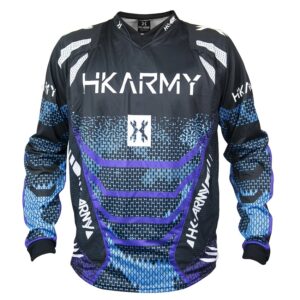 Premium paintball jersey with HK Army branding, vibrant blue, purple, and black design, breathable mesh, and comfortable fit for paintball enthusiasts. Ideal for competitive play or recreational paintball matches.