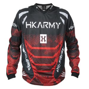 Premium paintball jersey with bold red and black design, featuring HKARMY branding for high-performance paintball gear.