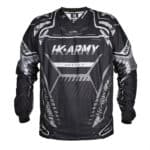 Premium black and gray paintball jersey with HK ARMAY and HOSTILE branding, designed for durability and performance in paintball games. Perfect protective gear for serious players.