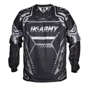 Premium black and gray paintball jersey with HK ARMAY and HOSTILE branding, designed for durability and performance in paintball games. Perfect protective gear for serious players.