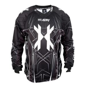 HK ARMY paintball jersey with black and white modern geometric design, ideal for competitive paintball games, made for comfort and durability, featuring breathable fabric and strategic padding for optimal performance.