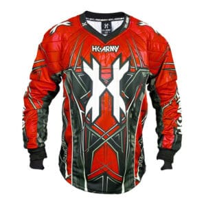 Red and black paintball jersey with HDARMY logo, engineered for high performance paintball gear, designed for durability, comfort, and style on the paintball field.