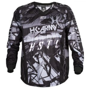 High-quality black and gray HK Army paintball jersey with bold graphic design, breathable fabric, and comfortable fit for paintball players and enthusiasts.