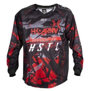 HK Army paintball jersey with bold red, black, and gray graphics, perfect for competitive paintball games and tactical sports. Designed for durability, comfort, and style, ideal for paintball enthusiasts.