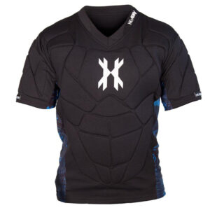 Protective paintball jersey with padded armor, black and blue design, ideal for paintball games, durable and comfortable for players.