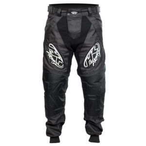 Durable black paintball pants with reinforced knees and adjustable waist, designed for maximum protection and comfort during paintball games.