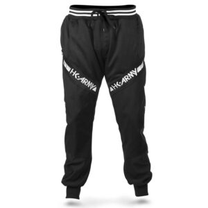 Comfortable black athletic joggers with white "HK ARMY" branding, ideal for paintball games, training, and sports activities. Features elastic waistband, drawstring, and tapered fit for mobility and style.
