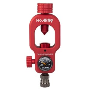 Pump air pressure regulator for paintball guns, durable red finish, 3000psi maximum, includes pressure gauge, essential for premium paintball equipment and tournaments.