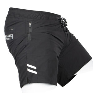 Men's black paintball shorts with adjustable drawstring, multiple pockets, and breathable fabric, ideal for paintball gameplay and outdoor sports. Premium Paintball Products offers top-quality paintball gear.