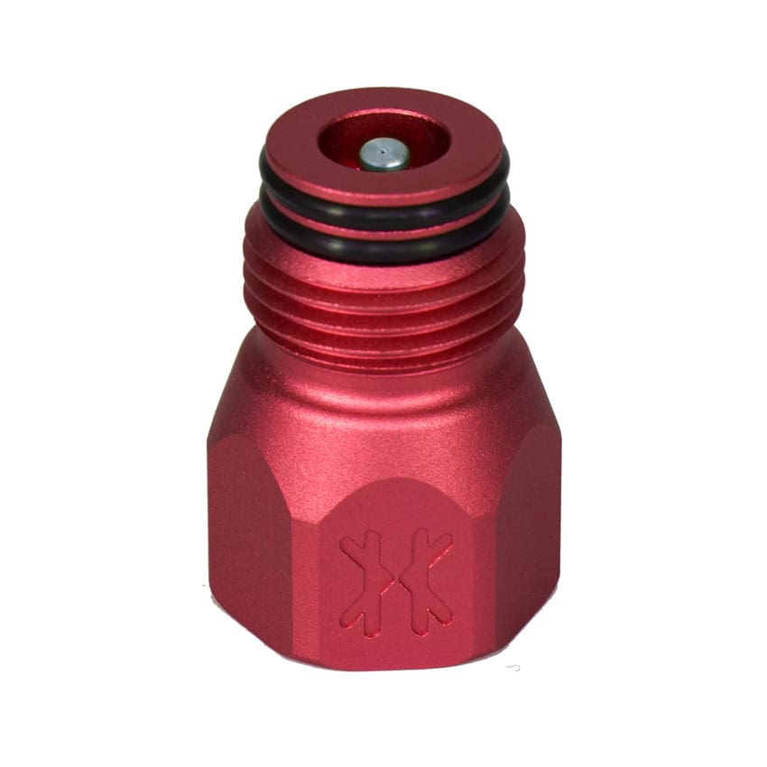 Precision aluminum paintball marker hopper, durable red finish with O-rings for secure fit, ideal for competitive paintball gameplay.