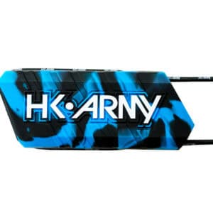 Blue camouflage HK Army paintball hopper for premium paintball products, high-capacity paintball loader, durable and reliable paintball gear, ideal for competitive paintball games, fast loader for quick reloads.