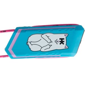 Pink and blue paintball hopper with a cartoon cat design and "HK" logo for premium paintball products.