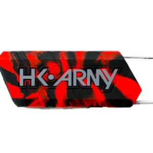 HK Army paintball hopper with red and black camo design, ideal for competitive paintball gameplay. Crafted for durability and high performance, perfect for serious paintball players.