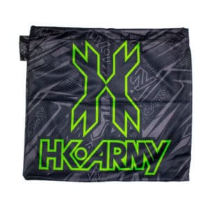 Bright green and black HK Army paintball gear bag featuring the HK Army logo, designed for paintball players to store and transport their equipment with style and durability.