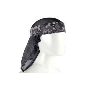 Lightweight black and gray camouflage paintball head covering with adjustable straps and breathable mesh material for all-day comfort.