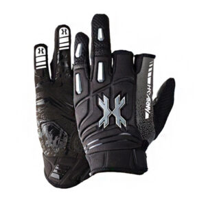 High-performance black and gray paintball gloves with protective padding, breathable fabric, and grip-enhancing design for optimal gameplay and safety.