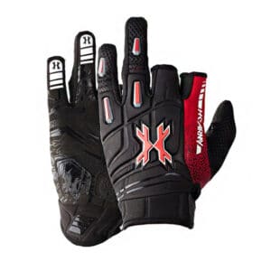 Black and red premium paintball gloves with Enhanced Grip, padded protection, and breathable material for superior performance on the field. Perfect for paintball enthusiasts.