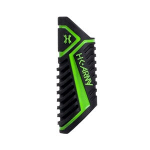 High-performance Hk Army paintball grip in black and neon green for enhanced control and durability. Ideal for competitive paintball players seeking reliable gear.
