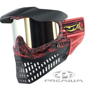 Black and red paintball mask with reflective lens, vented design, and adjustable head strap for professional paintball games. Perfect for superior protection and visibility during matches.