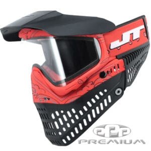 Red and black paintball mask with visor, anti-fog lens, and vented design for safety and visibility during paintball games, available at Premium Paintball Products.