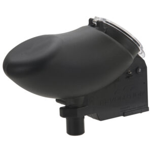 Black electronic paintball hopper with clear lid for high-capacity ball feeding - Premium Paintball Products.