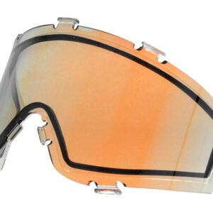 UV-protected orange paintball lens with black frame for improved visibility and protection during paintball games.