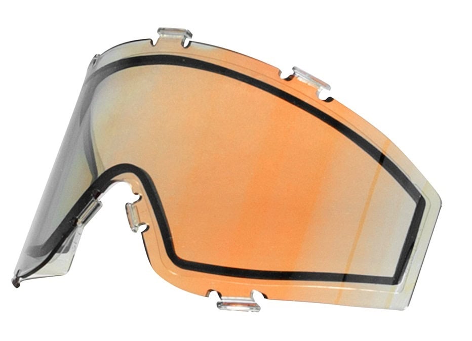 UV-protected orange paintball lens with black frame for improved visibility and protection during paintball games.