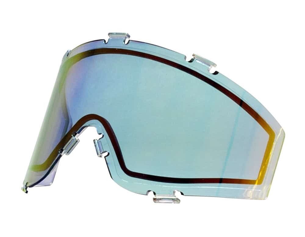 High-quality paintball mask lens for optimal visibility and protection during paintball games. Designed for durability and clarity in professional paintball equipment.