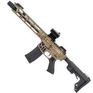 High-performance firearm with tactical rail system and adjustable stock for paintball and airsoft games, designed for durability and precision in competitive scenarios.