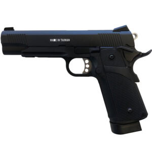 Black semi-automatic pistol with "Made in Taiwan" label, ideal for paintball games and tactical training, featuring durable construction and ergonomic design.