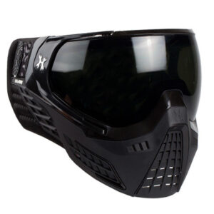 High-performance black paintball mask with tinted visor and ventilation for safety and clear visibility during gameplay.