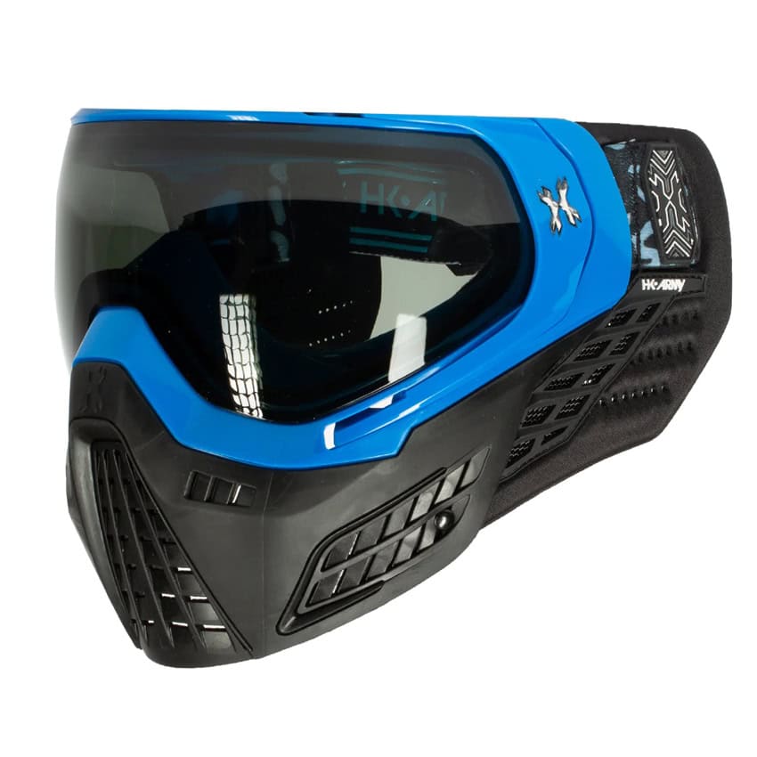 High-quality blue paintball mask with advanced protection and clear visibility, perfect for competitive paintball games. Designed for comfort and safety during intense paintball battles.