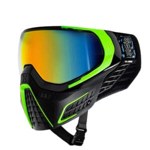 Full-face paintball mask with dual-pane lens, ventilation system, and adjustable strap for enhanced safety and visibility during paintball games.