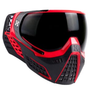 High-performance red and black paintball mask with advanced ventilation and a wide viewing lens for optimal visibility during gameplay.