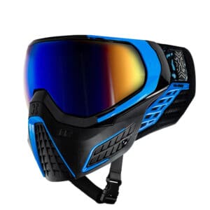 Full-face paintball mask with tinted lens, durable construction, and adjustable strap for premium protection and visibility during paintball games. Perfect for serious players seeking quality gear.