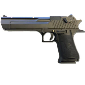 Black semi-automatic pistol with textured grip and safety switch, ideal for paintball marker replacements and tactical gameplay. Premium Paintball Products for reliable performance.