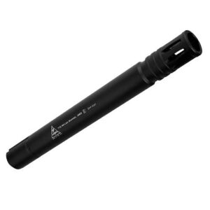 Black paintball suppressor, noise reduction silencer for paintball guns, high-quality tactical accessories for competitive paintball gameplay.