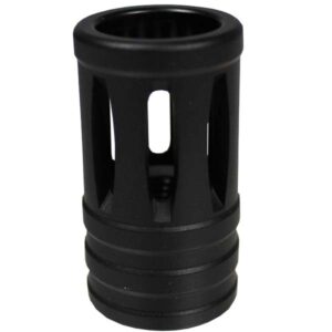 Black paintball gun barrel tip, durable and lightweight, designed for high performance and accuracy in paintball gameplay. Compatible with various paintball markers for professional and recreational use.