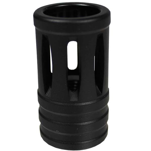 Black paintball gun barrel tip, durable and lightweight, designed for high performance and accuracy in paintball gameplay. Compatible with various paintball markers for professional and recreational use.