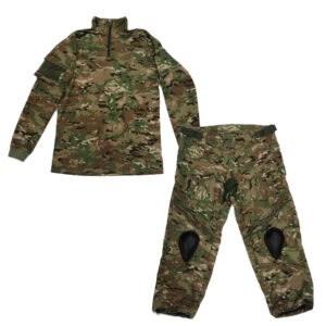 Multicam camouflage military tactical uniform with knee pads and elbow pads, perfect for paintball, airsoft, and outdoor tactical activities. Durable, comfortable, and designed for high-performance gameplay.