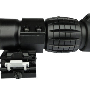 High-powered black tactical paintball scope with adjustable sights for precision aiming at premium paintball products.