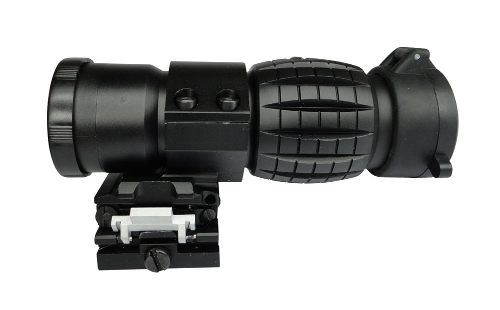 High-powered black tactical paintball scope with adjustable sights for precision aiming at premium paintball products.