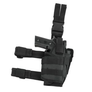 Black tactical thigh holster with adjustable straps and handgun retention, ideal for paintball use. Designed for secure firearm carrying during paintball games.