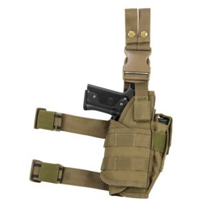 Black pistol holster with adjustable straps, durable tactical gear for paintball and airsoft games, designed to securely hold sidearms during competitive play.