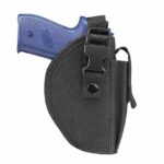 Blue paintball gun grip with black tactical holster for paintball equipment.